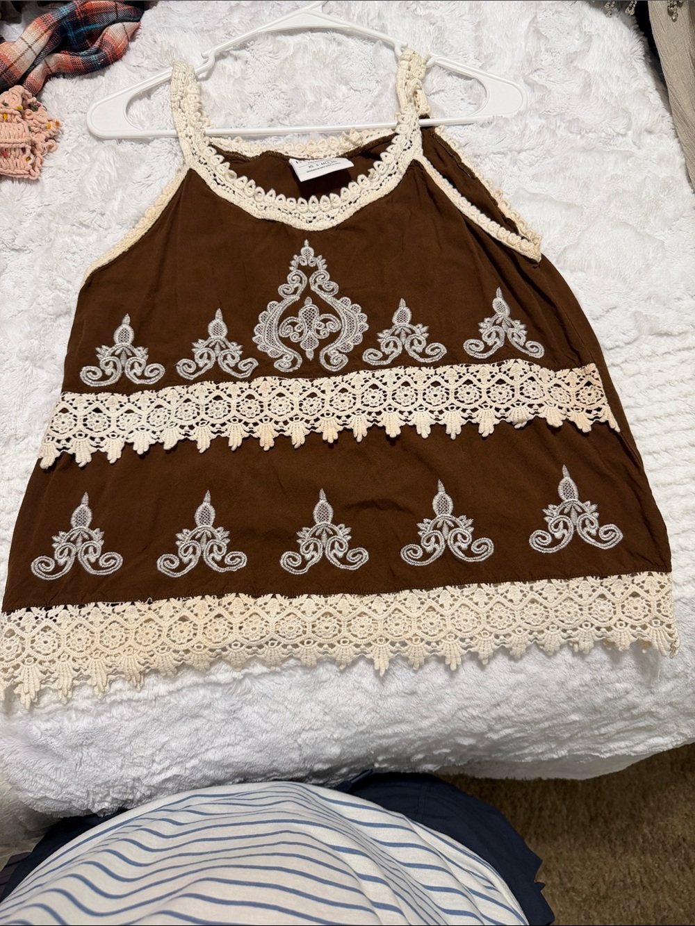 Boho Brown Crochet-Trim Embroidered Halter Camisole